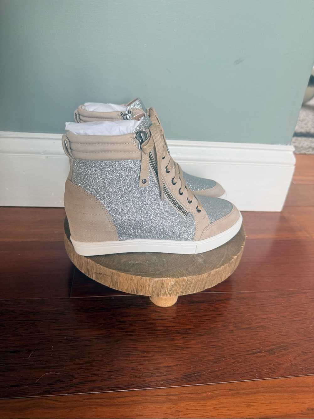 Linea Paolo Niya Silver Glitter Cement Suede Wedge High Top Sneakers - Picture 6 of 11